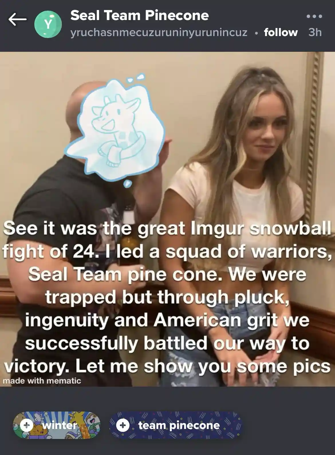 A man and a woman are sitting side by side indoors. The man's face is obscured by a cartoonish blue ice blob with a smiling…
