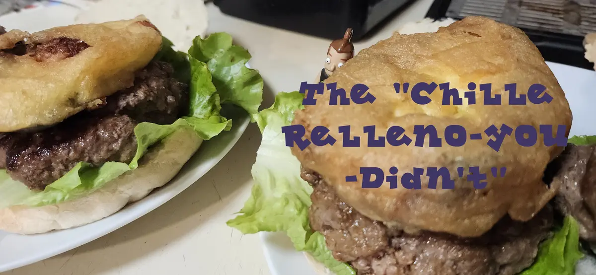 Two burgers with lettuce and beef patties are shown on white plates, one with a small figurine peeking out from behind the…