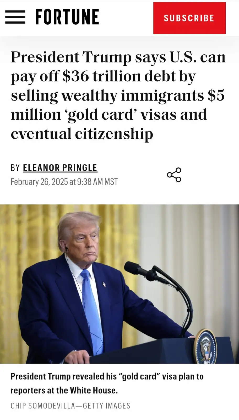 The image is a screenshot of a Fortune magazine article featuring a photo of Donald Trump at a podium. The headline text…