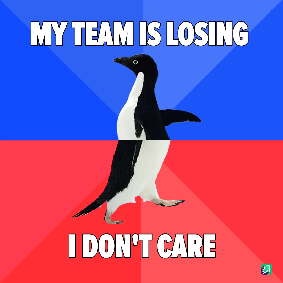 A black-and-white penguin stands centered against a split background of blue and red, with bold white text above reading 'MY…