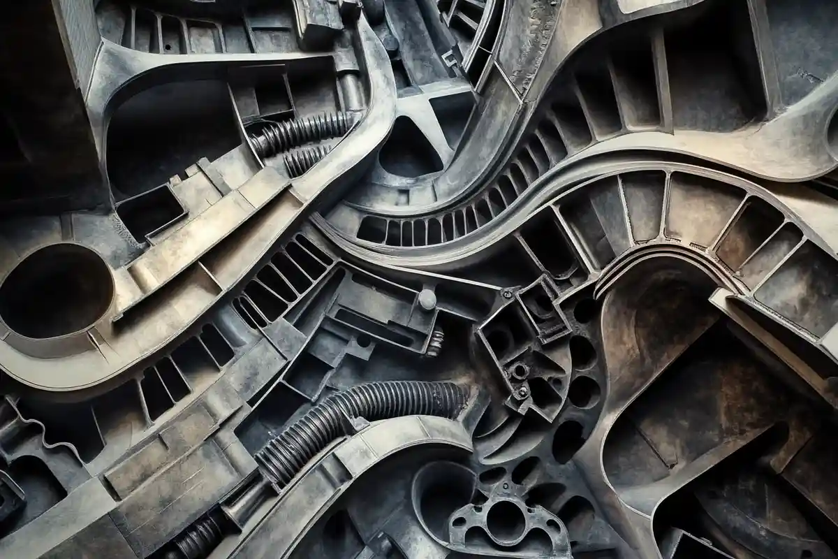 The image shows a complex, abstract, metallic interior with curved, interlocking mechanical parts, pipes, and hollow…