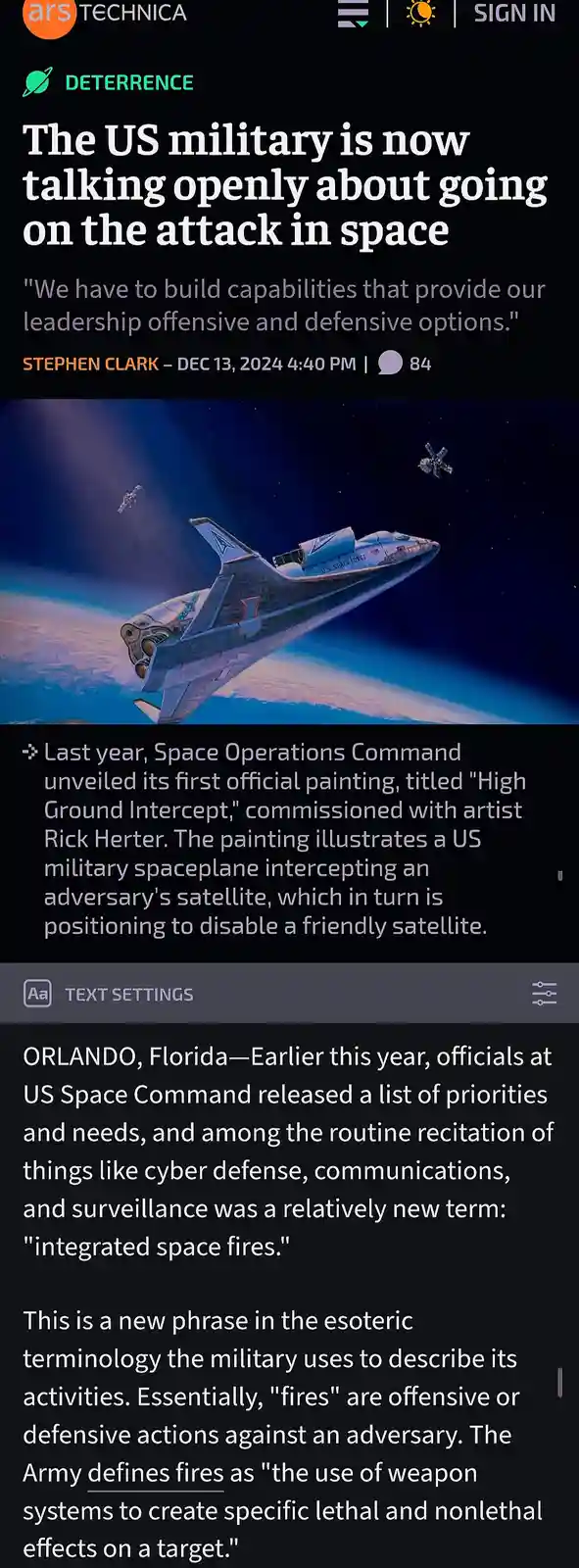 A screenshot of an Ars Technica article titled 'The US military is now talking openly about going on the attack in space'…