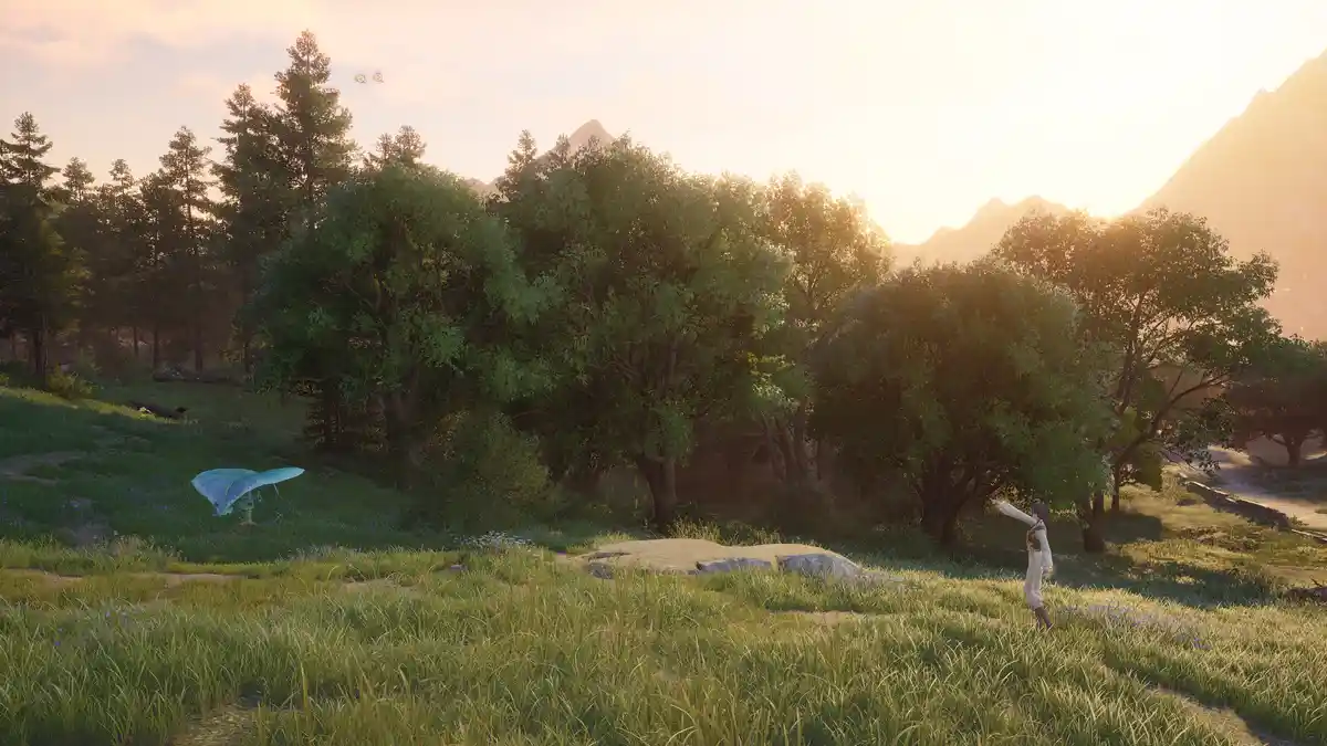 A serene, sunlit video game landscape with a character in a field of grass pointing toward a small, blue-winged creature. In…