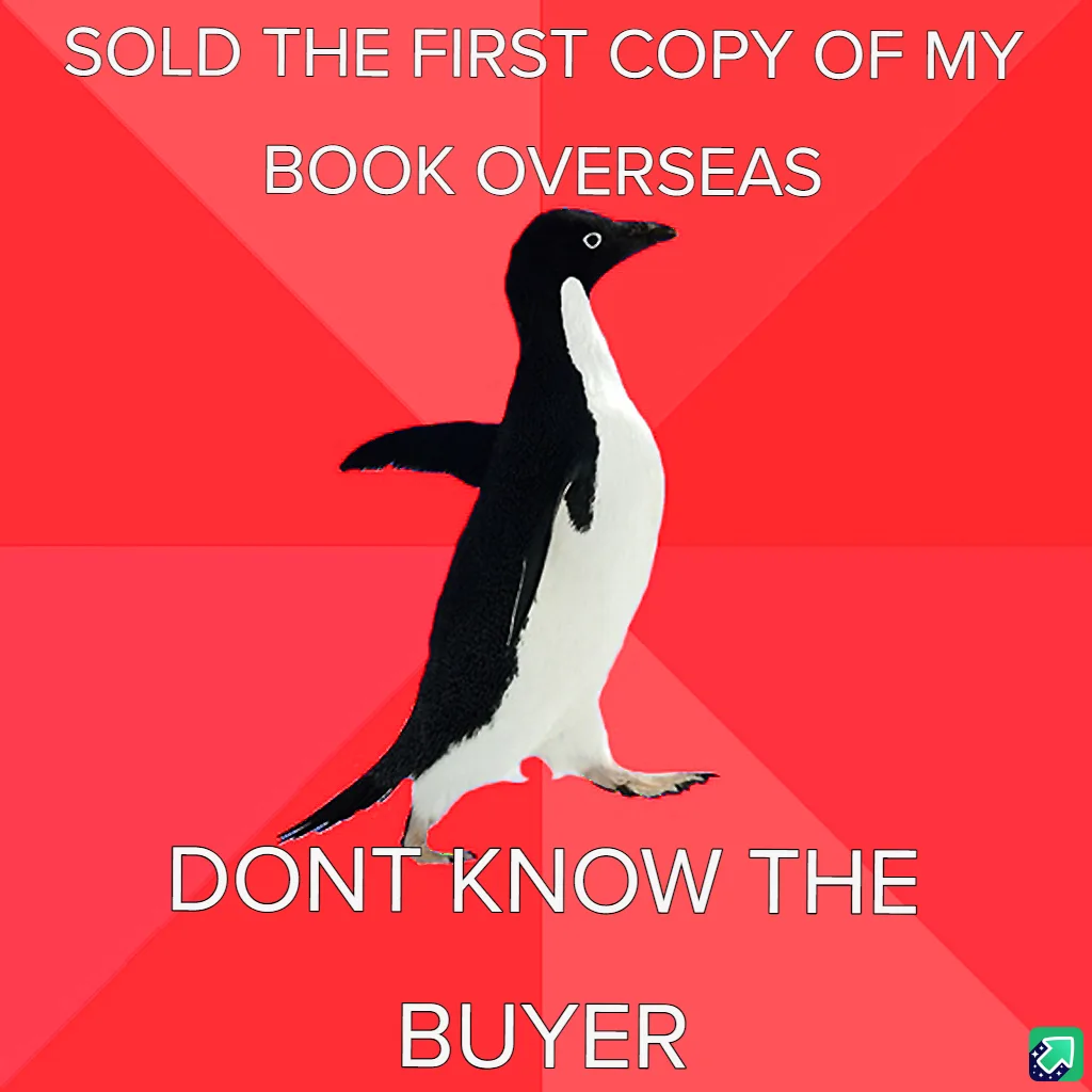 A black-and-white penguin stands against a red background with diagonal stripes. The text reads 'SOLD THE FIRST COPY OF MY…