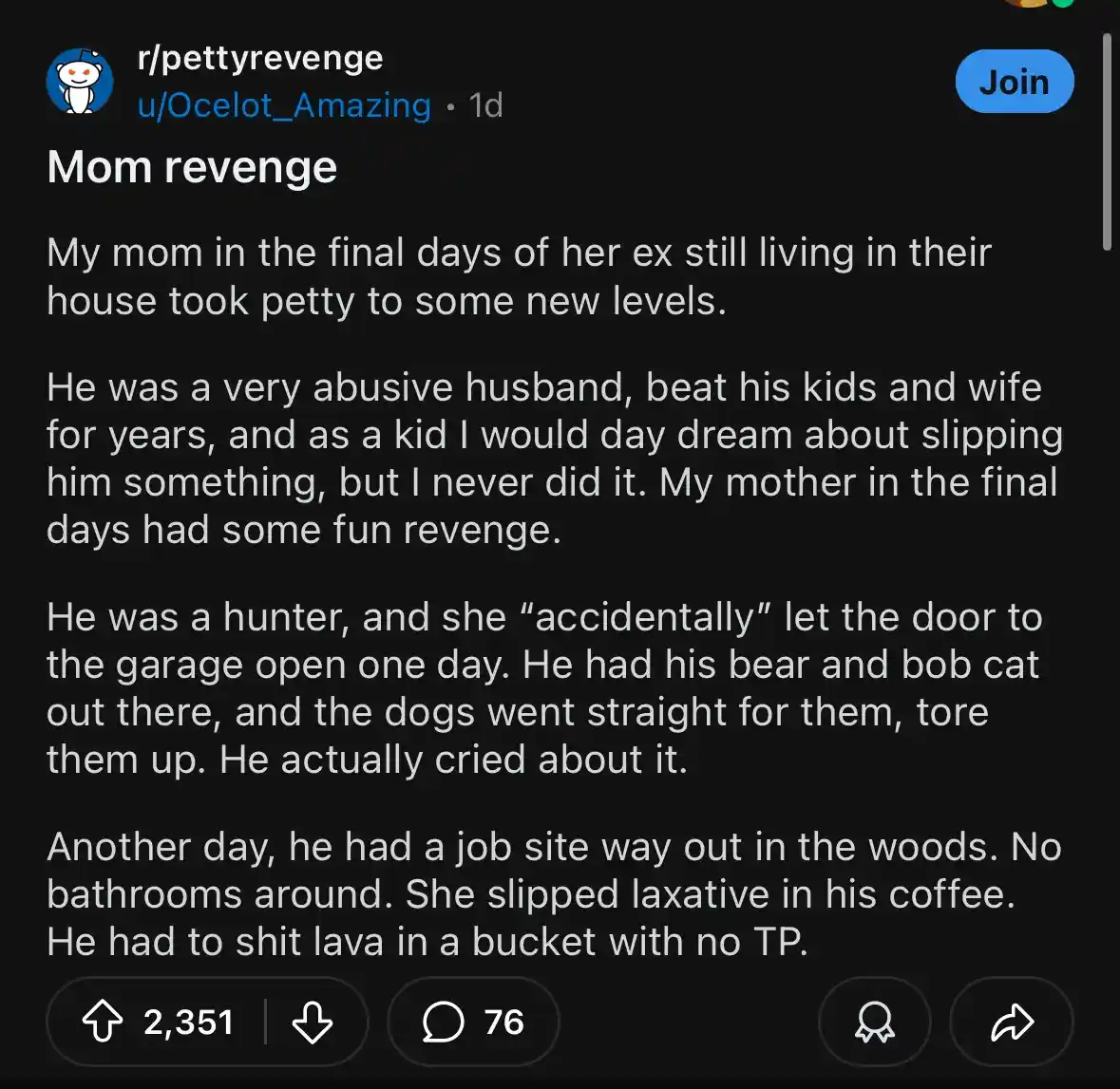 A Reddit post from r/pettyrevenge shows a user describing their mother's elaborate revenge against her ex-husband, who was…