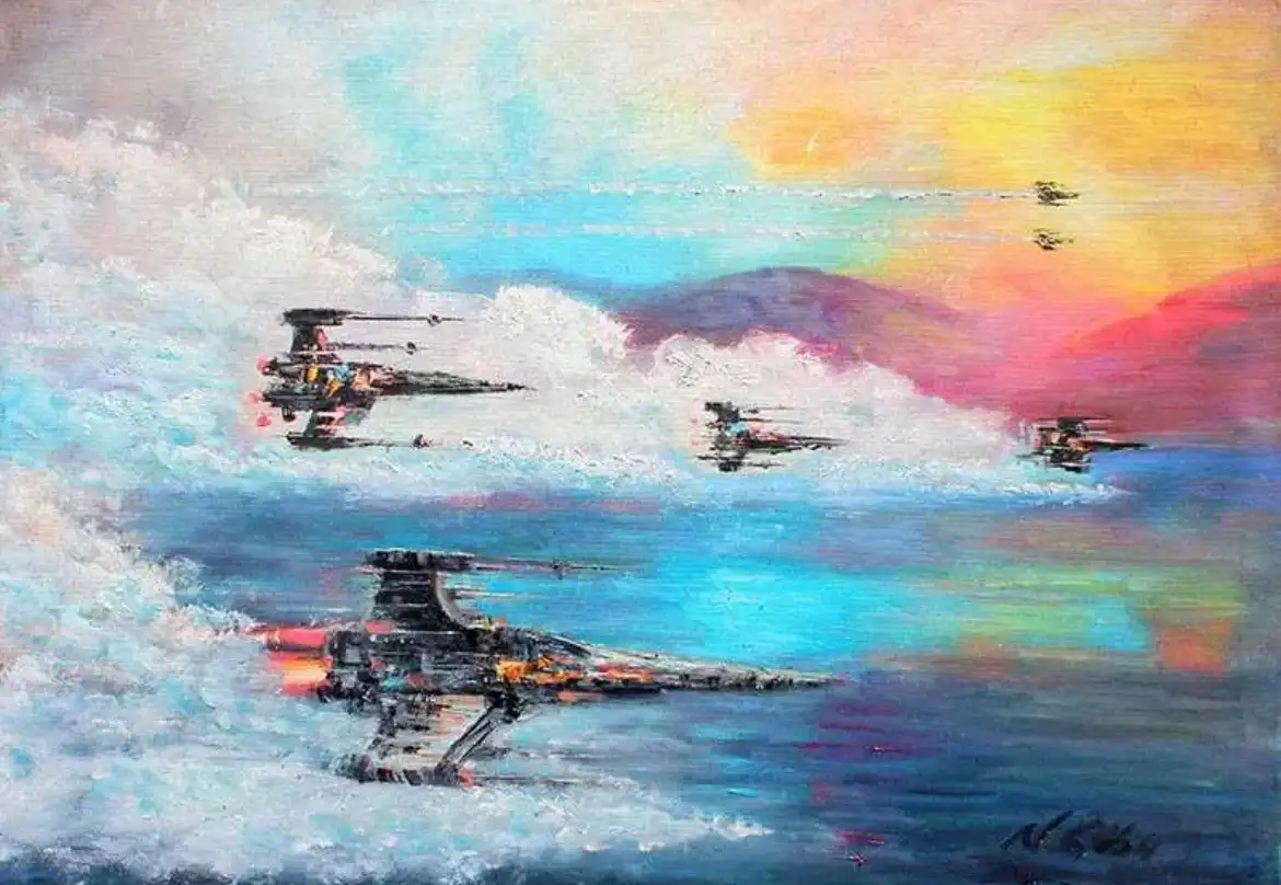 A colorful, painterly image depicts several starfighters, resembling TIE fighters from Star Wars, flying low over a body of…