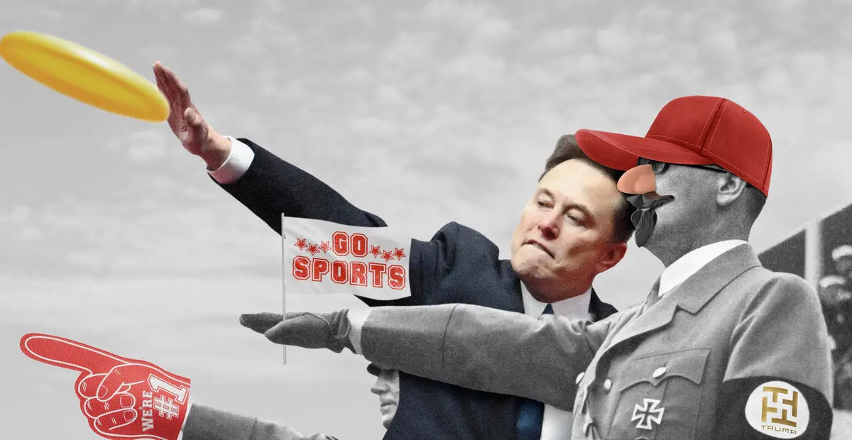 A digitally altered image shows Elon Musk in a suit reaching for a yellow frisbee while holding a 'GO SPORTS' flag, with a…