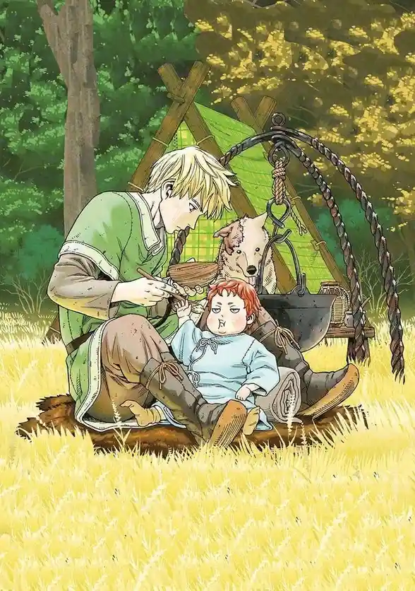 An anime-style illustration shows a blonde man in rustic clothing sitting on a fur rug in a grassy field, gently feeding a…