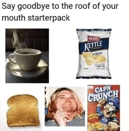 The image displays four items: a steaming cup of coffee, a bag of Herr's Kettle Original chips, a slice of toasted bread…