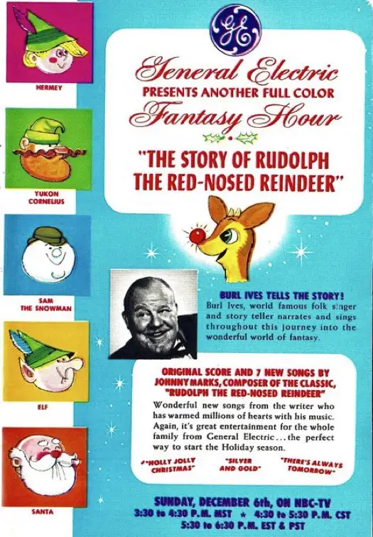 This vintage 1964 General Electric advertisement promotes their 'Fantasy Hour' TV special, 'The Story of Rudolph the…