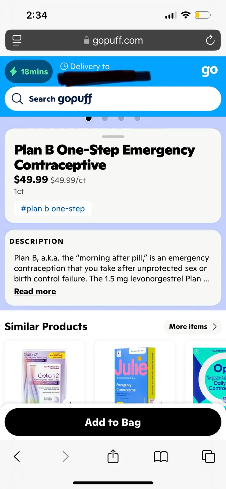 A screenshot of a mobile phone displaying the gopuff.com website, showing a product listing for 'Plan B One-Step Emergency…