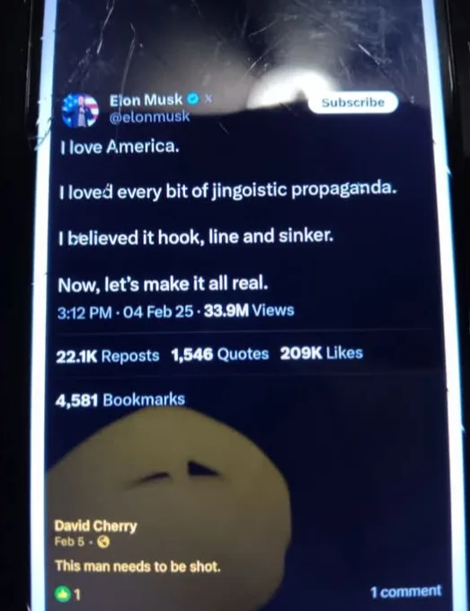 A screenshot of a social media post by Elon Musk, which reads 'I love America. I loved every bit of jingoistic propaganda. I…