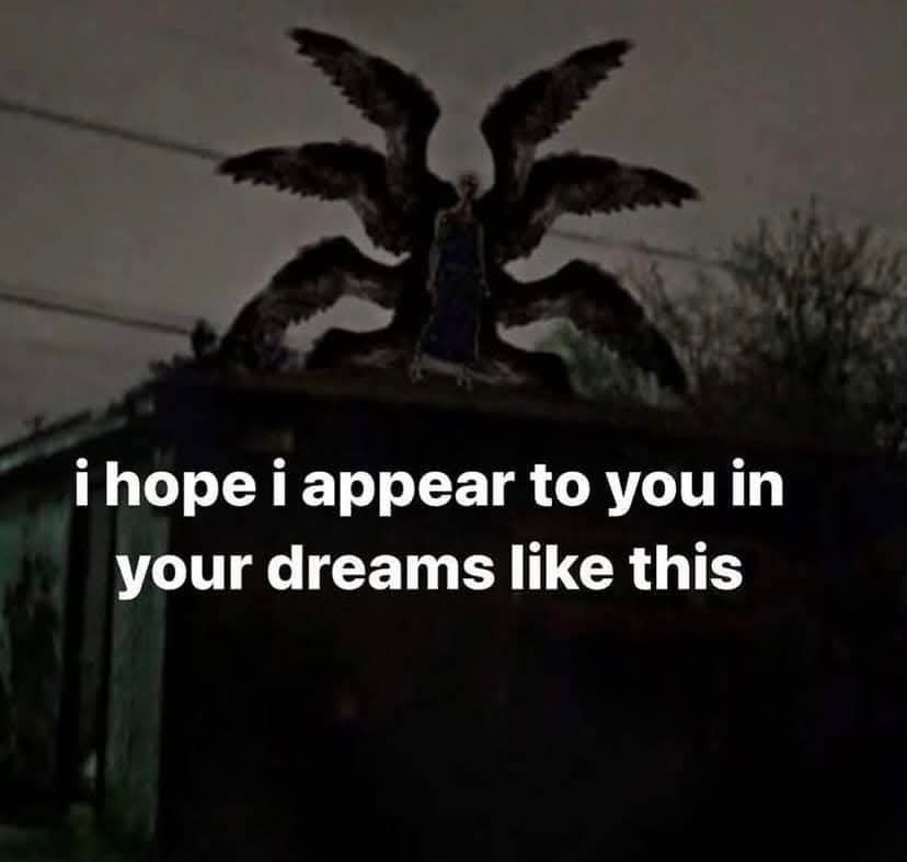 A dark, grainy image shows a large, multi-winged, monstrous creature perched atop a roof at night. The creature has a…