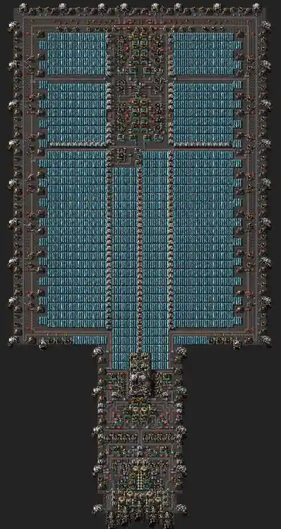 a top-down pixelated image of a massive, highly organized base from the game 'factorio', featuring numerous blue production…