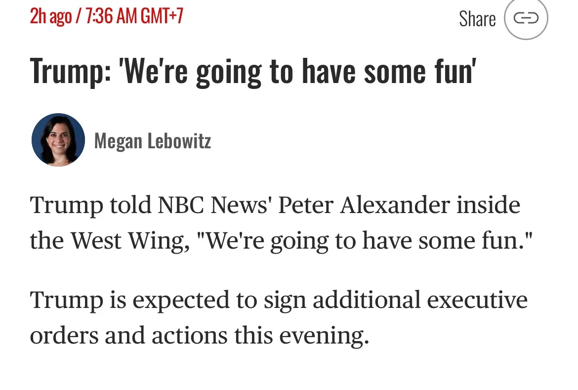 A screenshot of a news article snippet with a headline reading 'Trump: 'We're going to have some fun'' attributed to Megan…