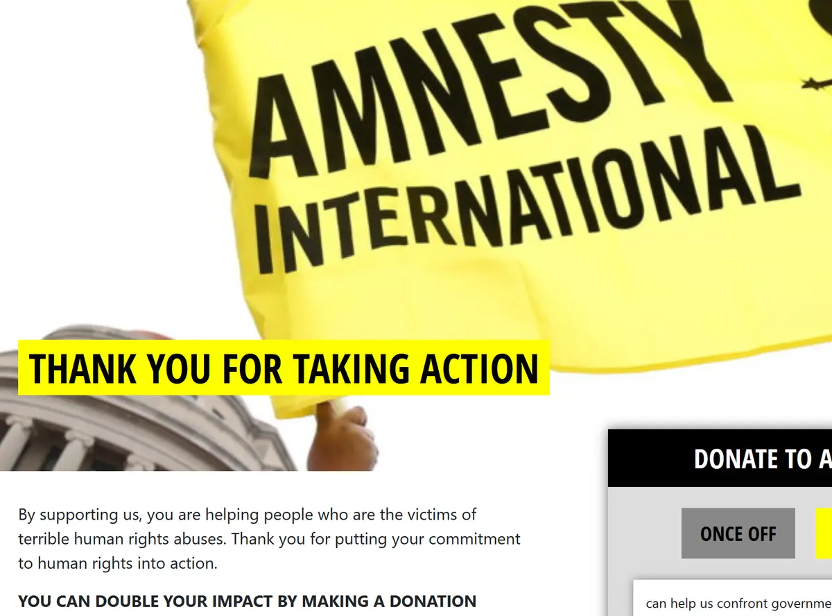A screenshot of an Amnesty International donation page shows a person holding a yellow flag with 'AMNESTY INTERNATIONAL'…