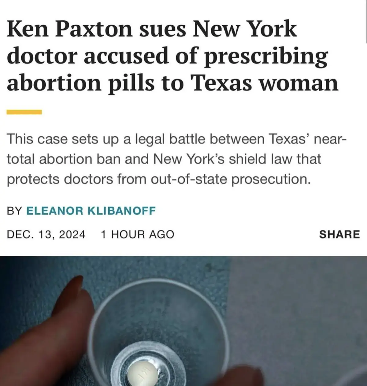 A screenshot of a news article headline about Ken Paxton suing a New York doctor for prescribing abortion pills to a Texas…