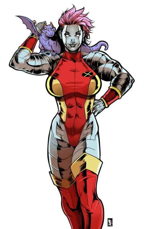 A muscular female superhero with pink hair and a red and gold suit stands confidently with one hand on her hip and the other…