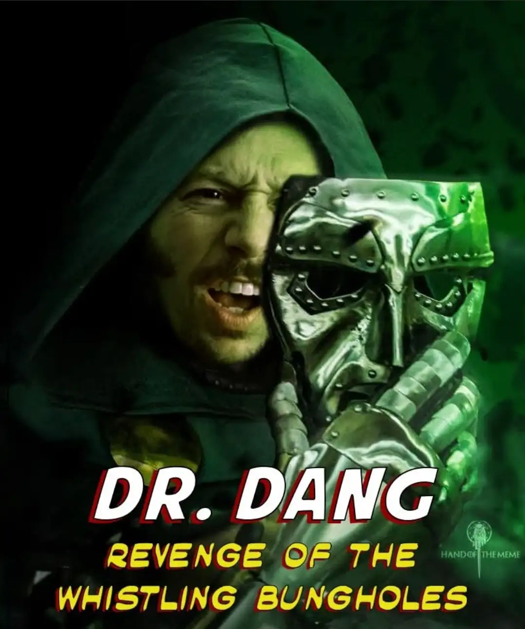 A man in a dark green hooded robe holds a metallic, riveted mask up to his face, revealing an angry, screaming expression…