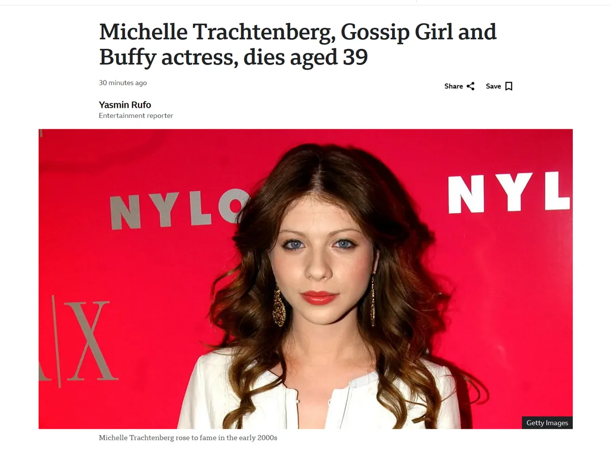 A screenshot of a news article headline announcing the death of actress Michelle Trachtenberg at age 39, featuring a photo…