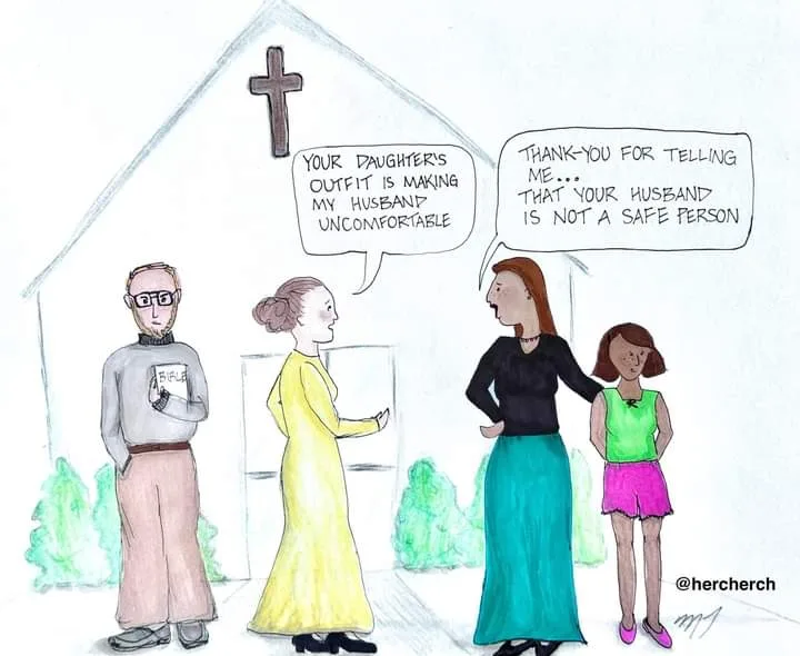 A cartoon depicts a church scene where a woman in a yellow dress tells another woman that her daughter's outfit is making…