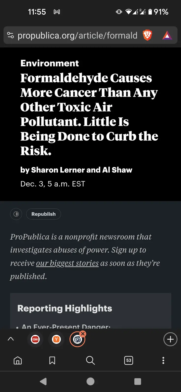 A screenshot of a ProPublica article headline stating 'Formaldehyde Causes More Cancer Than Any Other Toxic Air Pollutant…