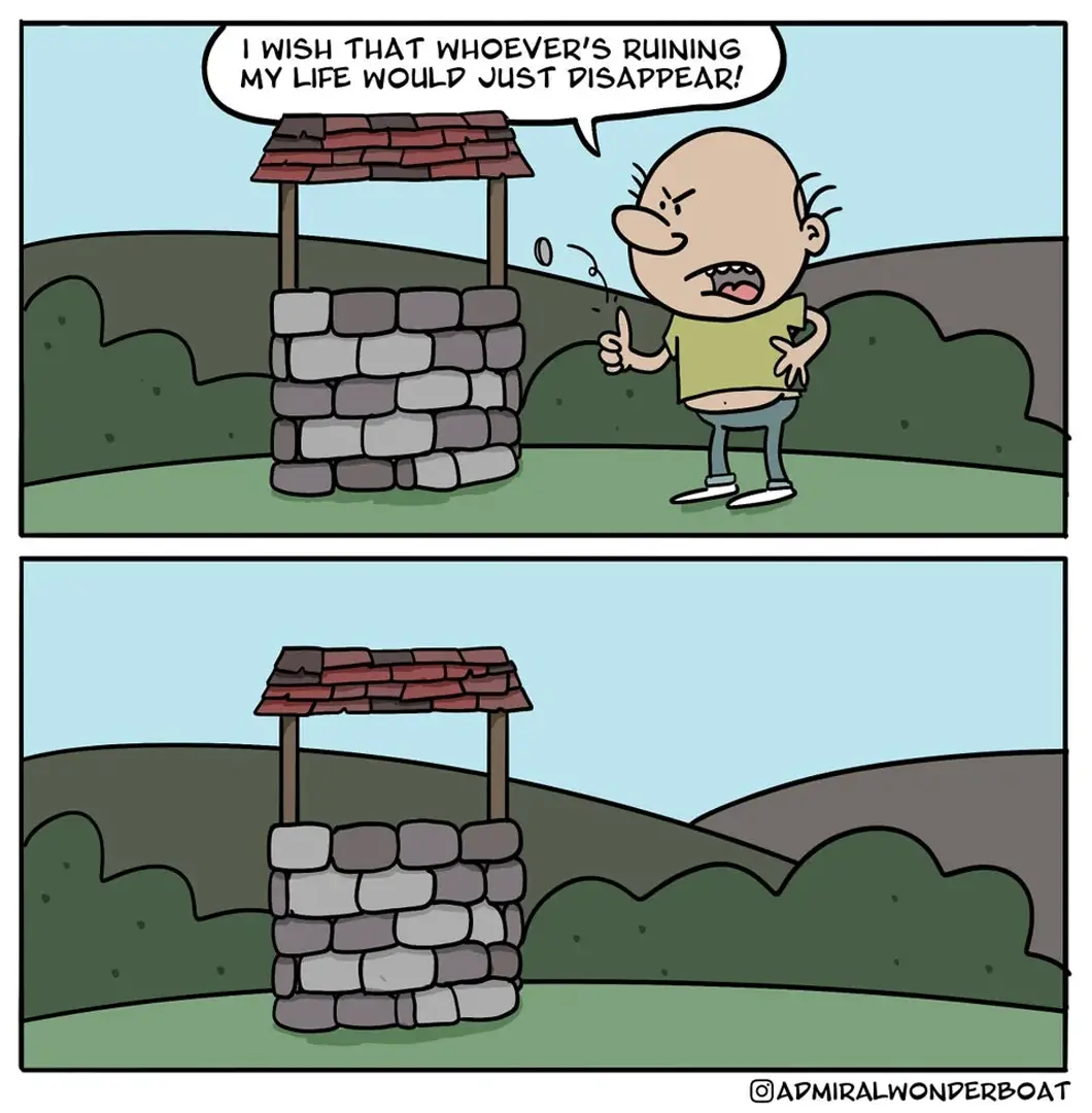 A two-panel comic shows a bald man in a green shirt angrily shouting at a stone well, wishing the person ruining his life…