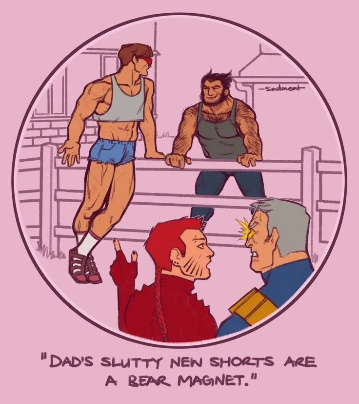 A cartoon drawing shows three men in a fenced area. One man in blue shorts and a tank top stands on a fence, while a hairy…