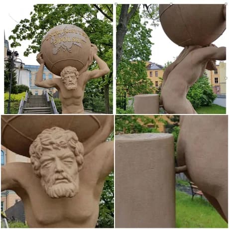 A four-panel collage shows a stone statue of Atlas, a mythological figure, holding a globe on his shoulders. The globe is…