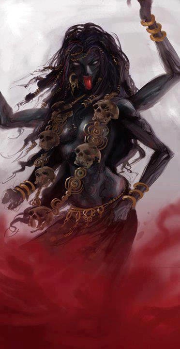 A dark-skinned, multi-armed demonic figure with long black hair, skulls adorning her body, and a red tongue sticking out…