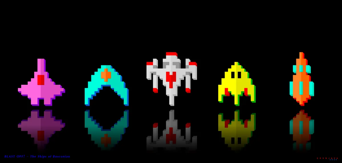 The image displays six pixel-art spaceships from the game Bosconian, each shown in two orientations (top and bottom) against…