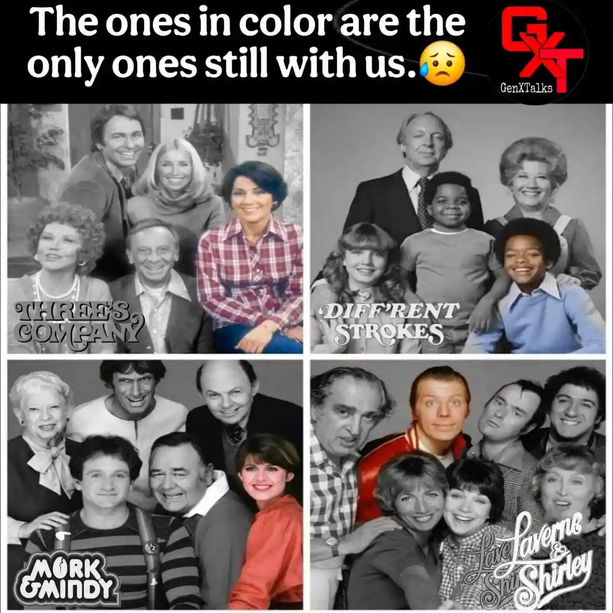 A collage of four vintage TV show cast photos, all in black and white except for one person in each photo who is in color…