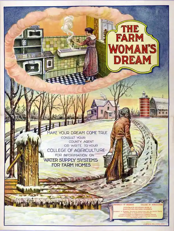 An old 1920s U.S. government poster titled 'THE FARM WOMAN'S DREAM' depicts a woman in a snowy rural setting carrying…