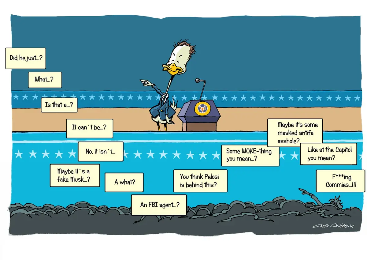 A cartoon duck in a suit stands at a podium with a seal, surrounded by speech bubbles showing escalating conspiracy theories…