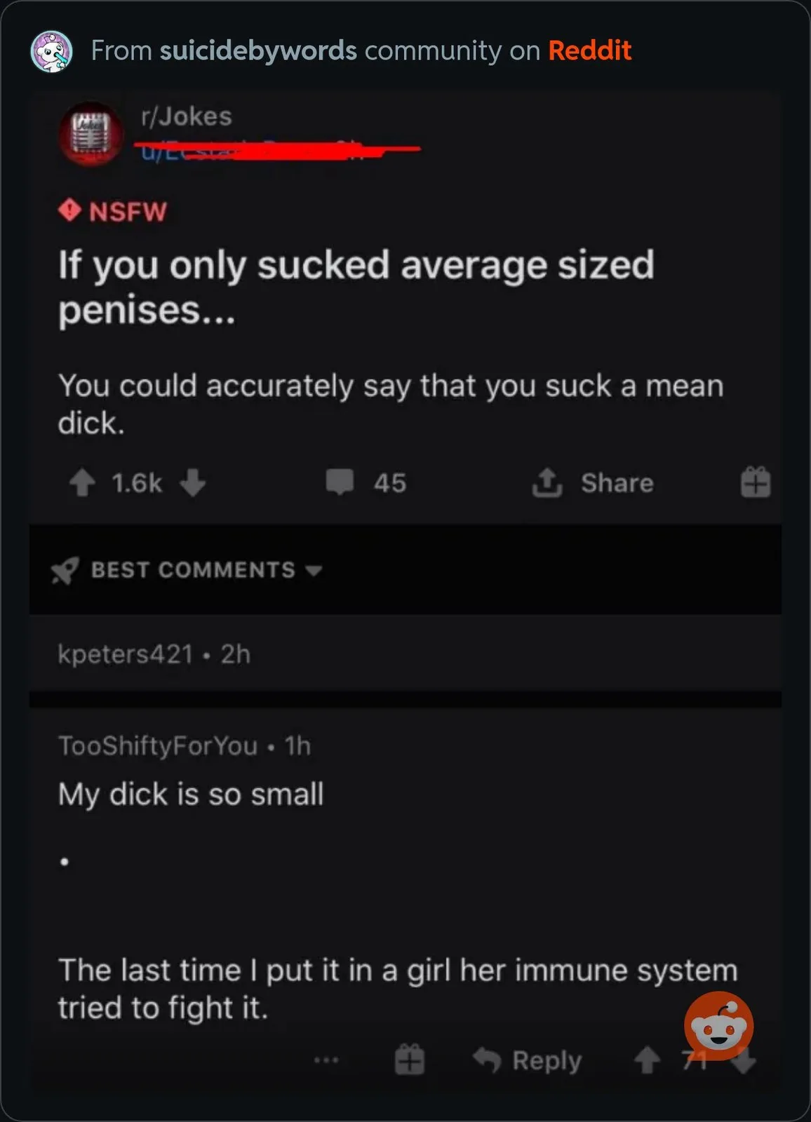 A screenshot of a Reddit post from r/Jokes, marked NSFW, showing a joke about sucking average-sized penises leading to the…