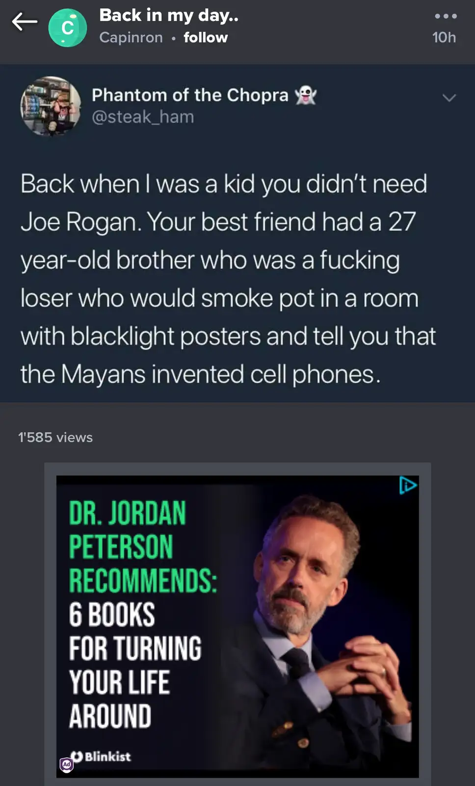 The image shows a screenshot of a social media post with overlaid text describing a nostalgic, sarcastic memory of a 'back…