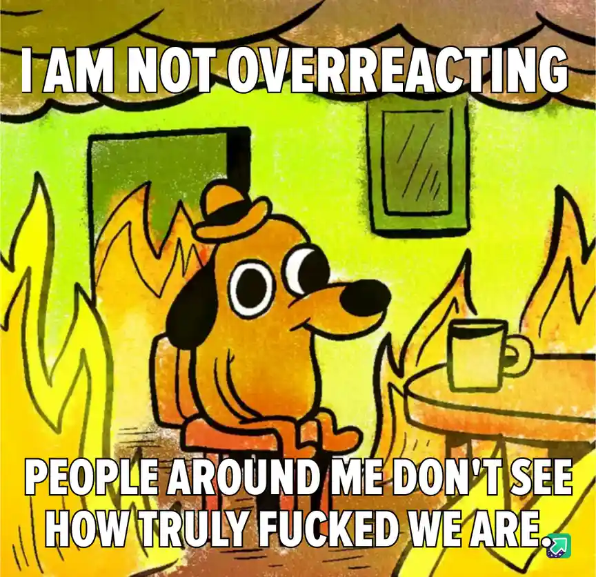 A cartoon dog wearing a hat sits calmly in a room engulfed in flames, holding a mug, with text overlaid that reads 'I AM NOT…