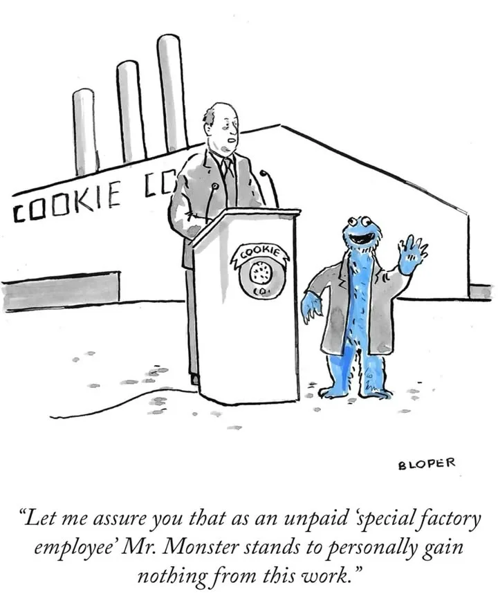 A black-and-white cartoon shows a man in a suit speaking at a podium labeled 'COOKIE CO.' beside a smiling Cookie Monster in…