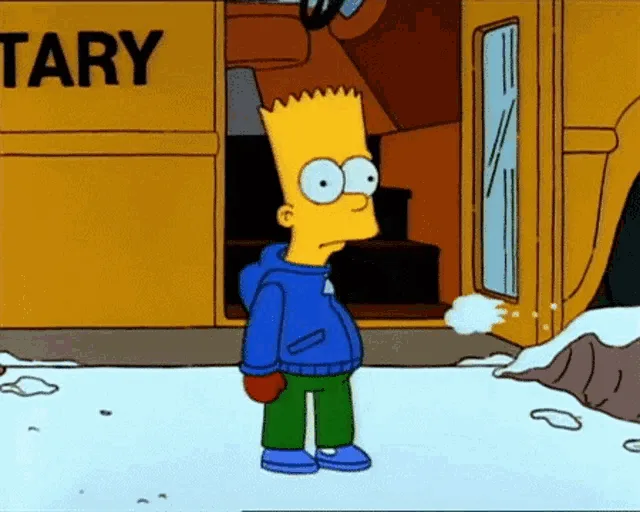 A four-panel comic strip shows Bart Simpson standing outside a building labeled 'TARY' in snow. He initially looks at the…