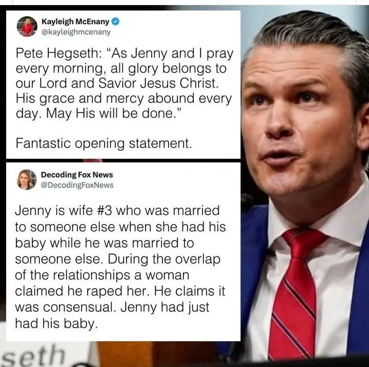 The image shows a close-up of Pete Hegseth speaking, with two Twitter posts overlaid on the left. The top post from Kayleigh…