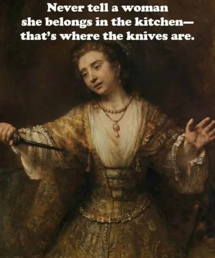 A classical painting depicts a woman in ornate historical clothing holding a sword in one hand and gesturing with the other…