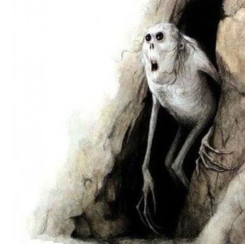 A pale, skeletal ghost with wide, terrified eyes and an open mouth peeks out from a dark cave entrance, its thin limbs…