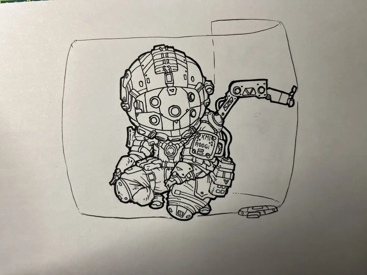A black-and-white line drawing shows a chibi-style armored character in a squatting pose, wearing a helmet with a visor and…