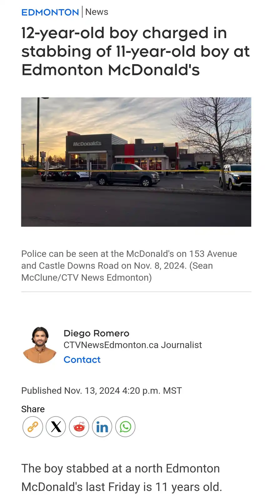 A news article screenshot shows a McDonald's restaurant with police cars and yellow crime scene tape. The headline reads…