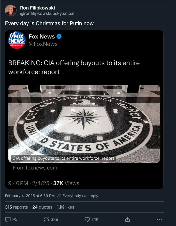 A screenshot of a Fox News tweet showing a photo of the CIA seal on the floor, with overlaid text reading 'CIA offering…
