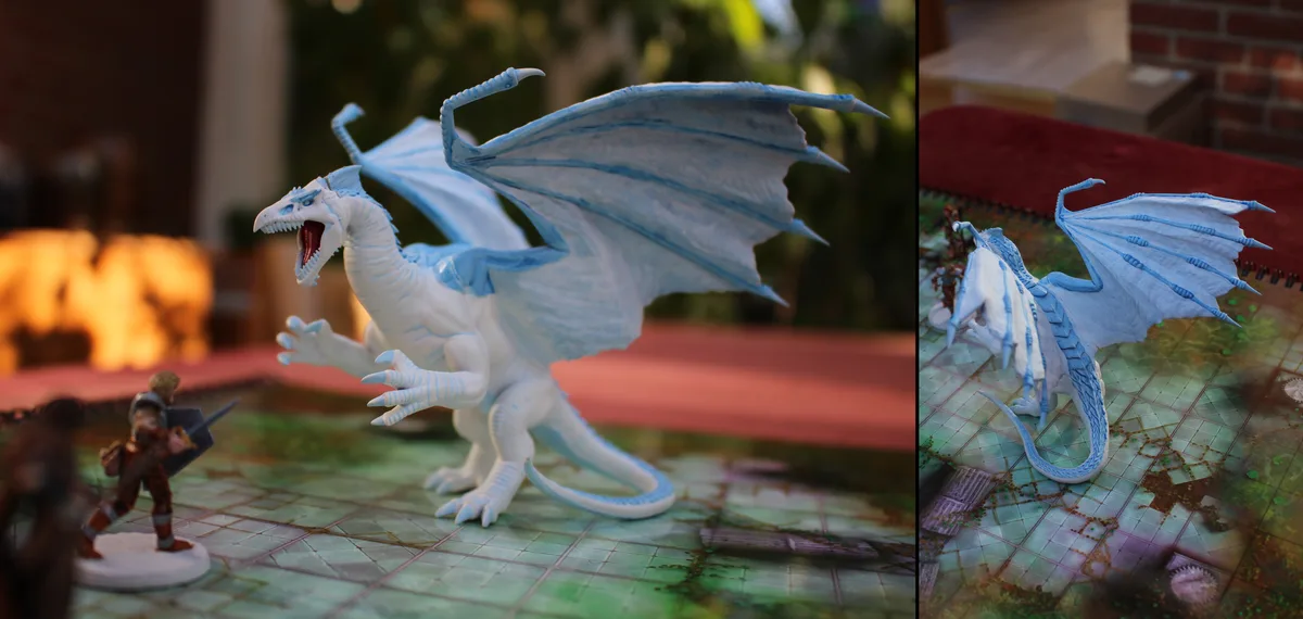 A split image shows a white and light blue painted dragon miniature in two poses on a fantasy battle grid. The left panel…