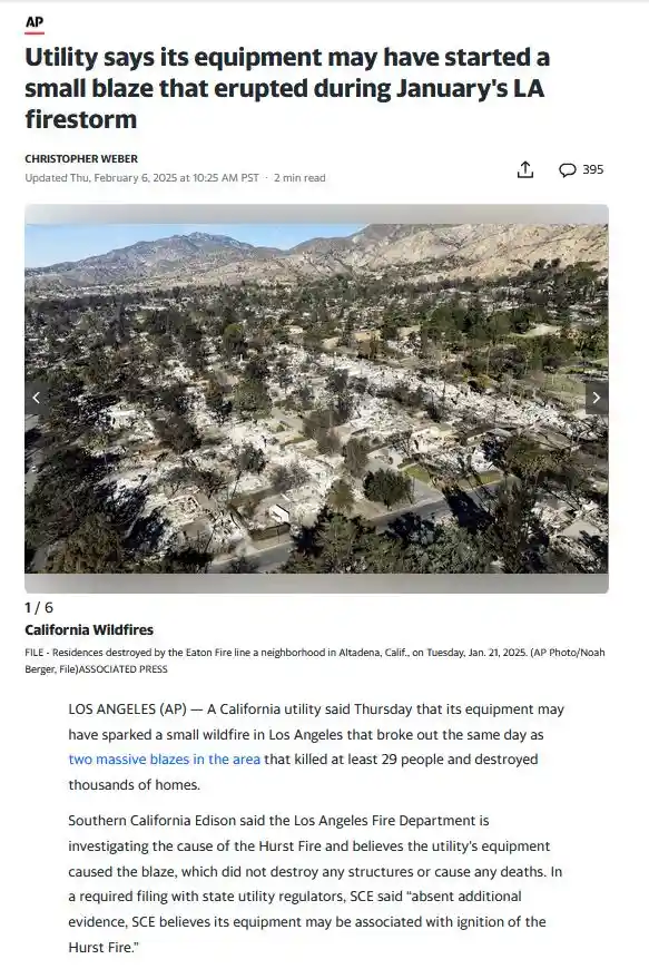 An aerial photo shows a neighborhood in Altadena, California, with numerous homes destroyed by fire, surrounded by…
