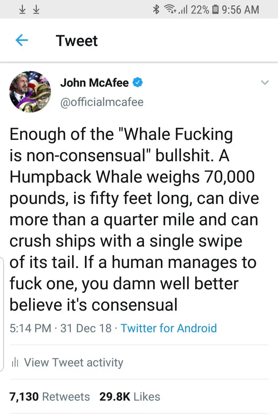A screenshot of a tweet by John McAfee (@officialmcafee) from December 31, 2018, displaying his profile picture and the full…