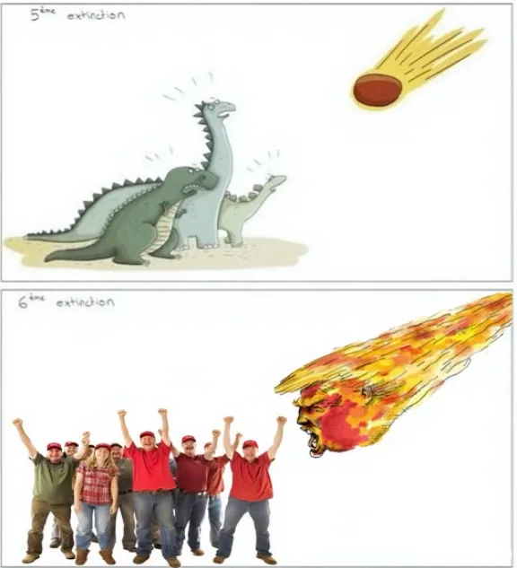 The image is split into two panels. The top panel shows three cartoon dinosaurs looking scared as a small, unremarkable…