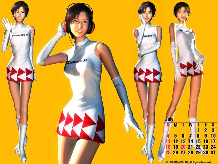 Four identical 3D-rendered female characters in white racing outfits with red triangular patterns on the skirt and white…